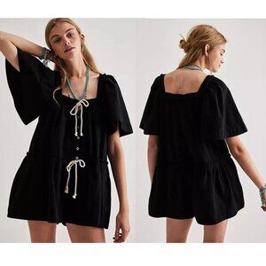 NEW Free People Country Line Denim Romper Black Buttoned Bow Tie